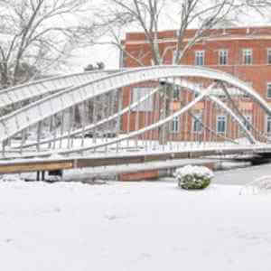 Merrimack College campus with snow on the ground