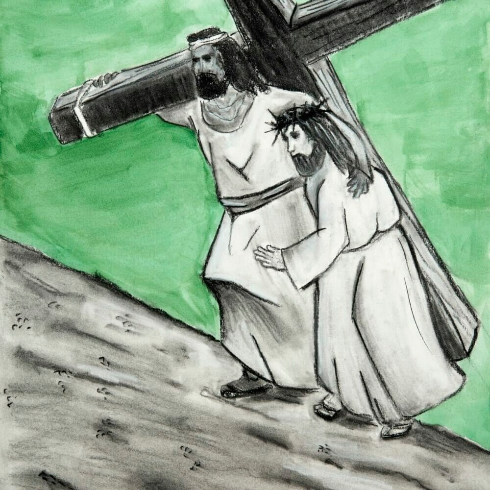 Fifth station of the cross. Simon of Cyrene helps Jesus carry the cross. Black and white sketch of Simon helping Jesus with green sky.