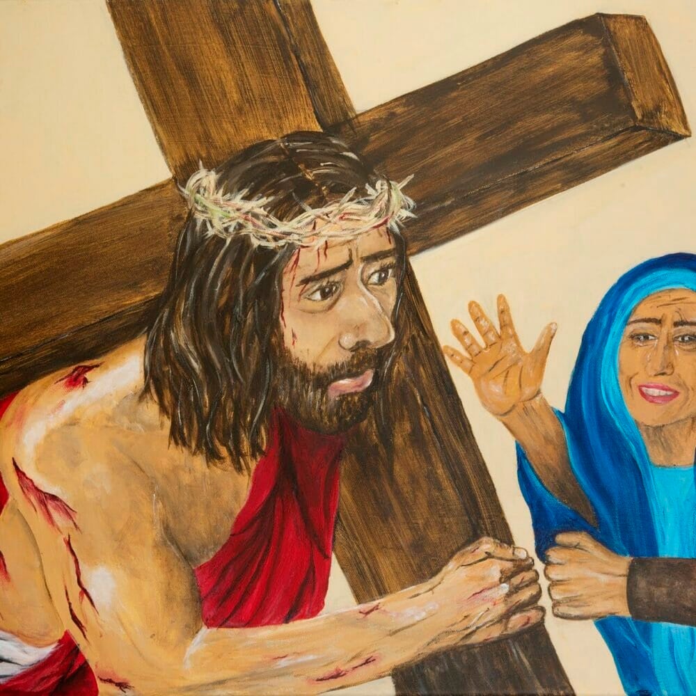 Fourth station of the cross. Jesus meets his mother. Mary is reaching out to Jesus who is carrying the cross.