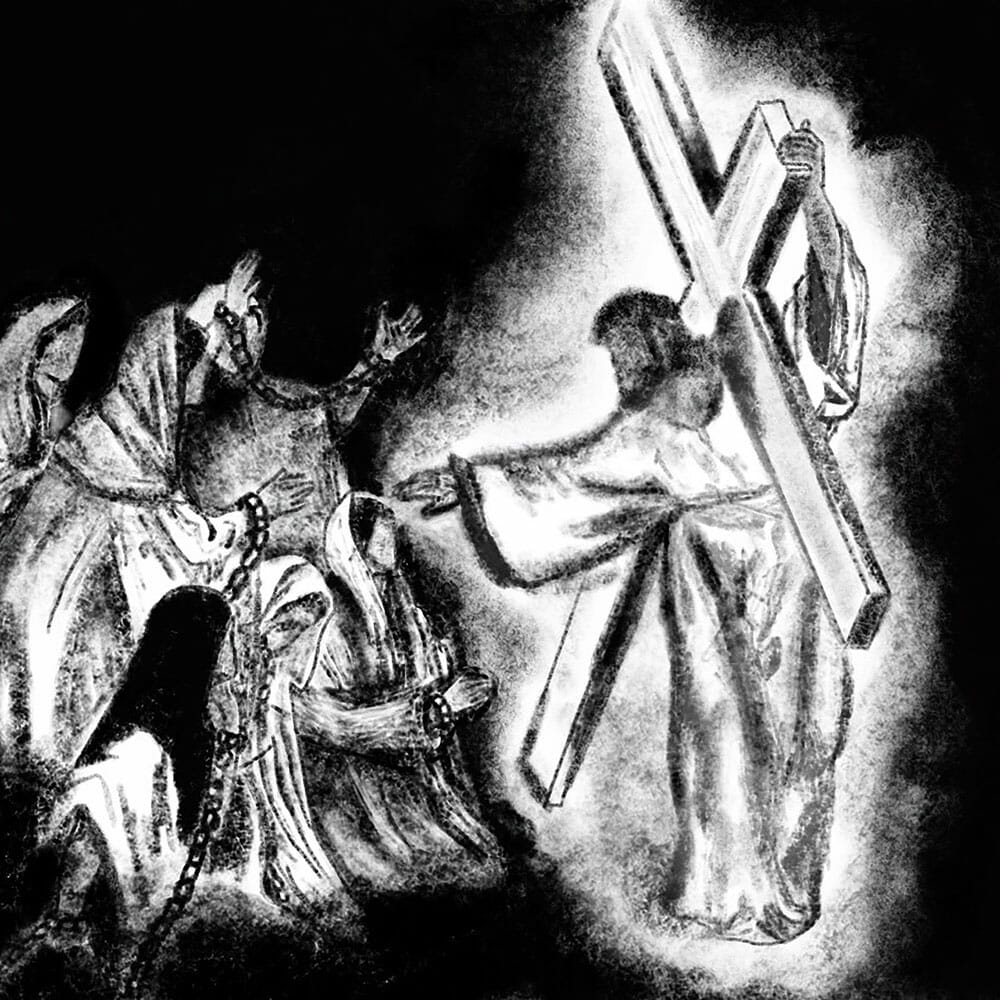 Eighth station of the cross. Jesus meets the women of Jerusalem. Black and white image of Jesus meeting the women.
