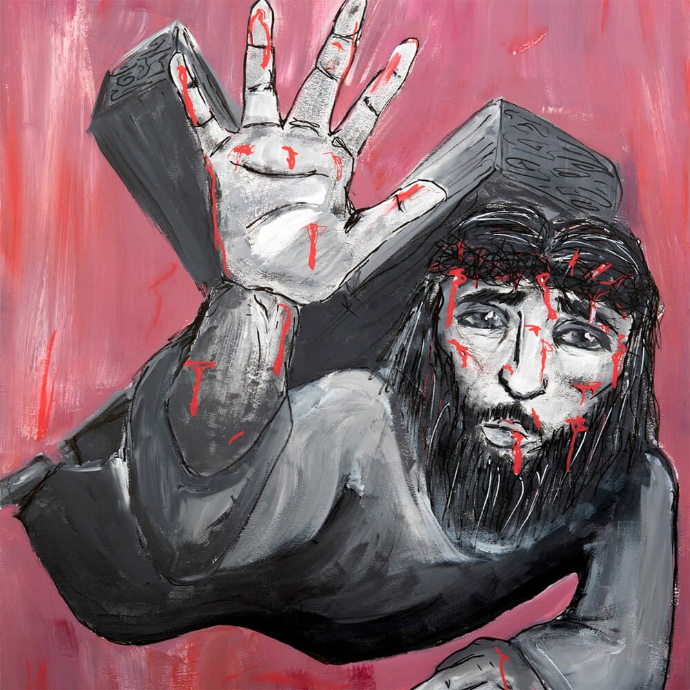 Ninth station of the cross. Jesus falls for a third time. Dark image of Jesus with hand outstretched.