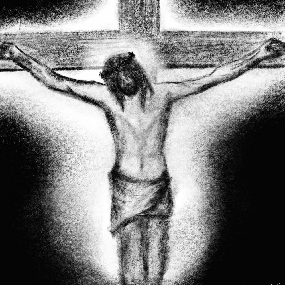 Twelfth station of the cross. Jesus dies on the cross. Image is black and white with Jesus hanging on the cross with a white glow around him.