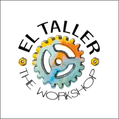 El Taller logo with words "El Taller Workshop" wrapped around blue, yellow, orange and green spoke