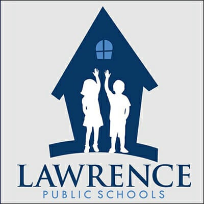 Lawrence Public Schools logo with blue schoolhouse and two children in white silouettes