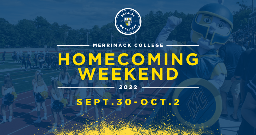 Blue and yellow banner image that says Homecoming Weekend 2022