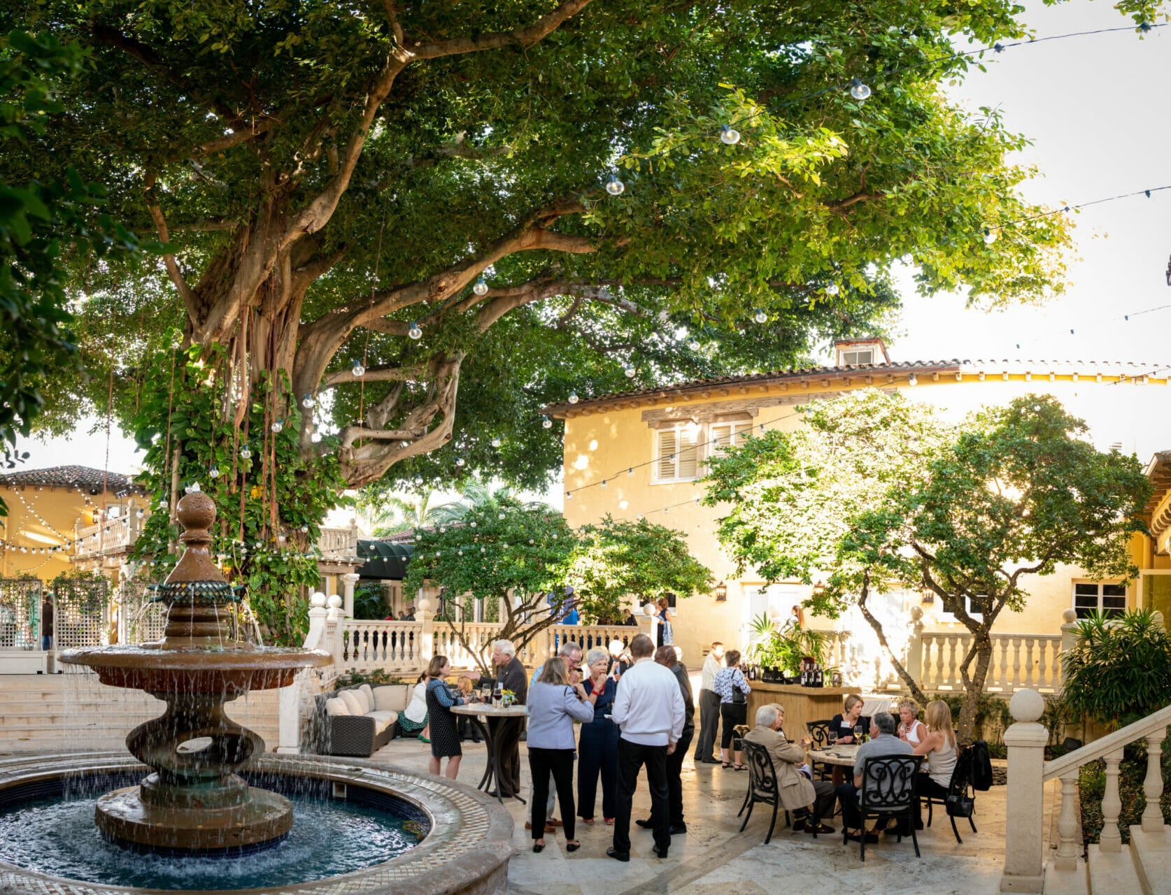 People standing around a fountain and tree