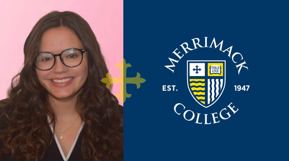 Headshot of Alexandra Mackay superimposed next to the Merrimack College logo.