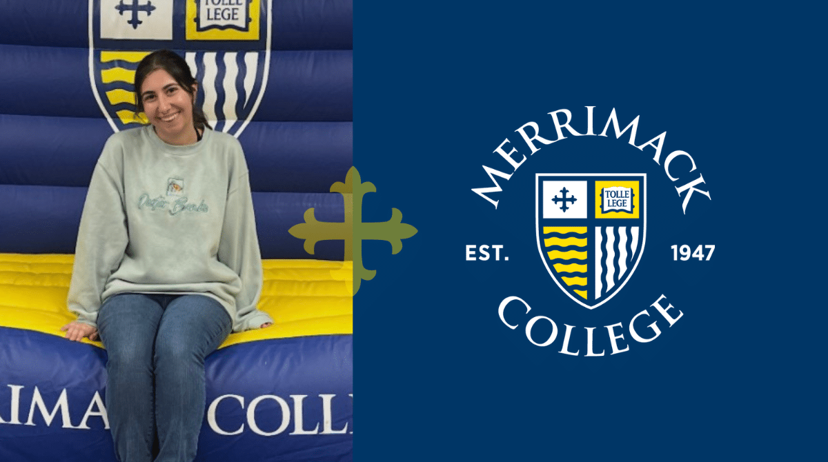 A smiling student sits on a blue and yellow inflatable bench with a Merrimack College crest behind her, wearing a light green sweatshirt and jeans; the right side shows the Merrimack College logo with “Est. 1947” on a blue background.