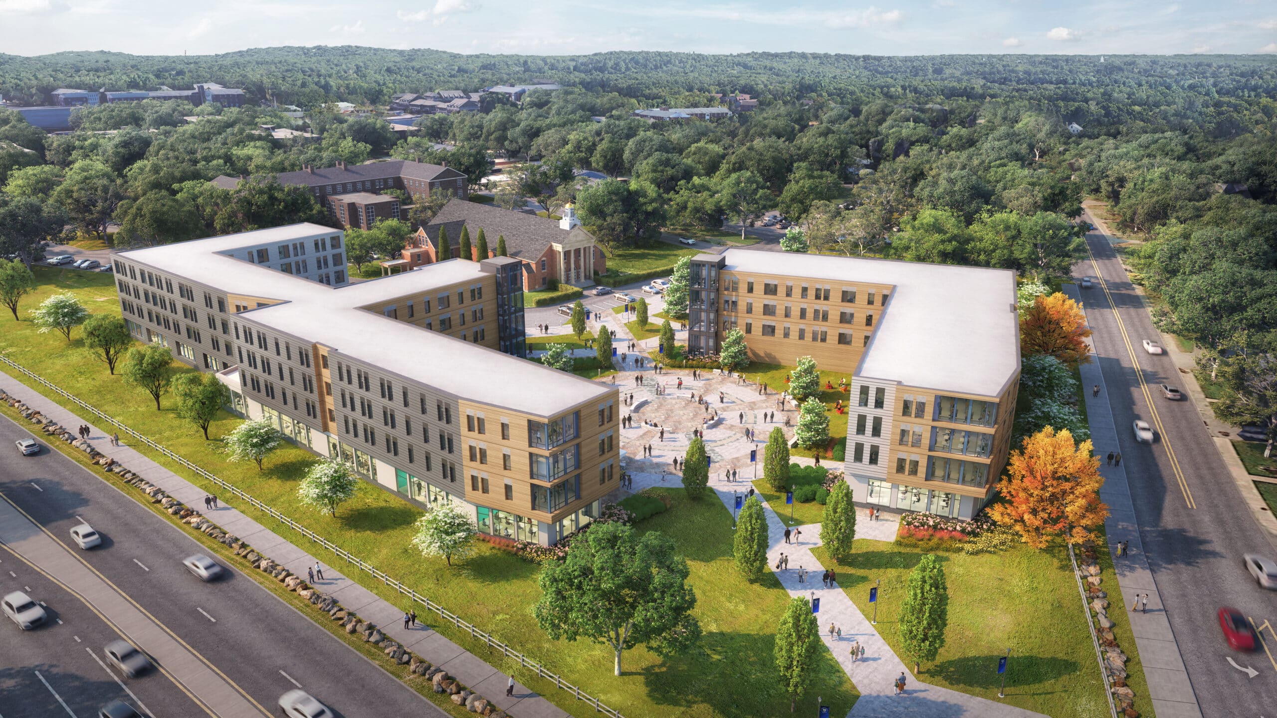 Rendering of Merrimack's new dorm that includes a new fitness center.