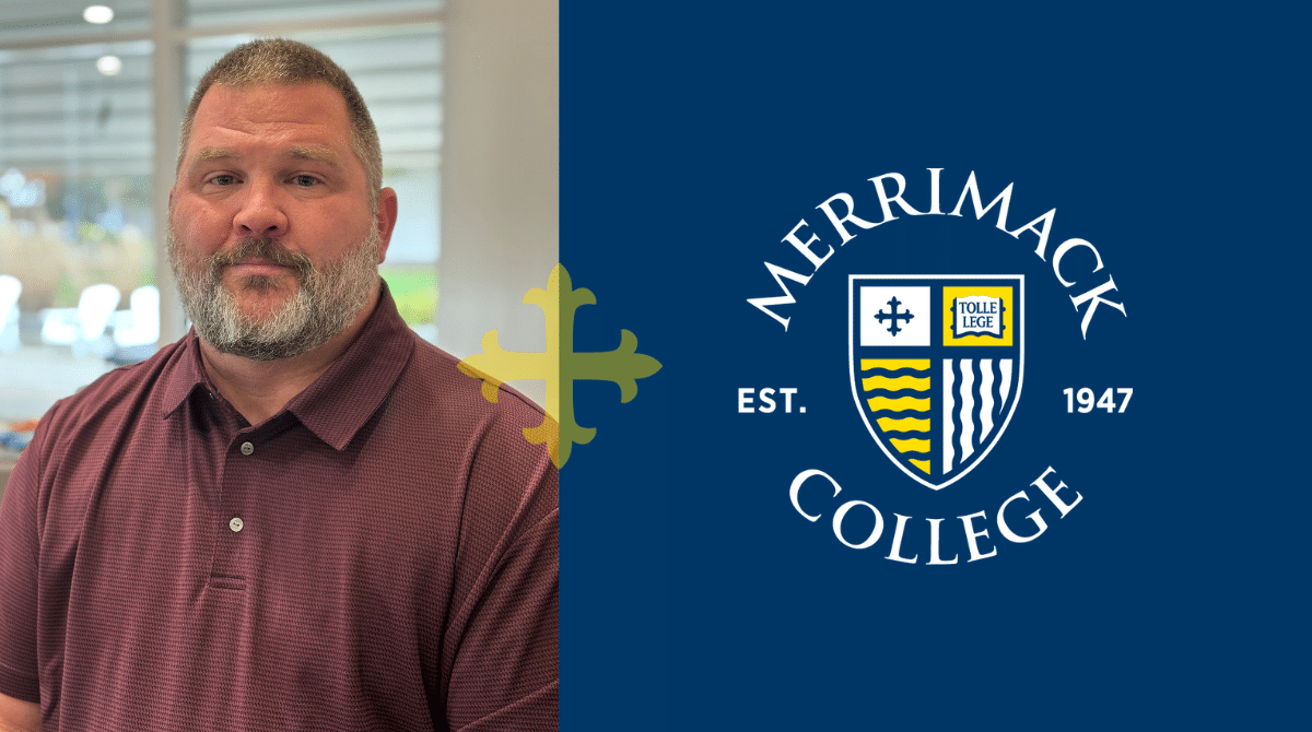 Headshot of Chuck Helm superimposed next to the Merrimack College logo.