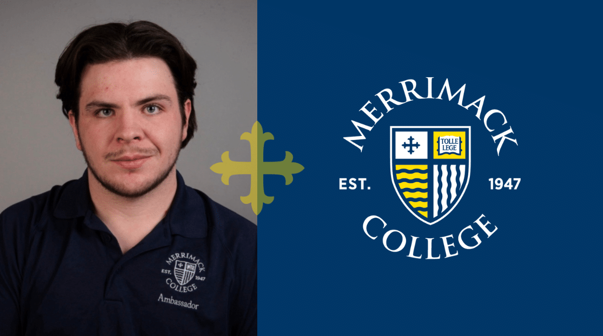 Headshot of Collin Freeman superimposed next to the Merrimack College logo.