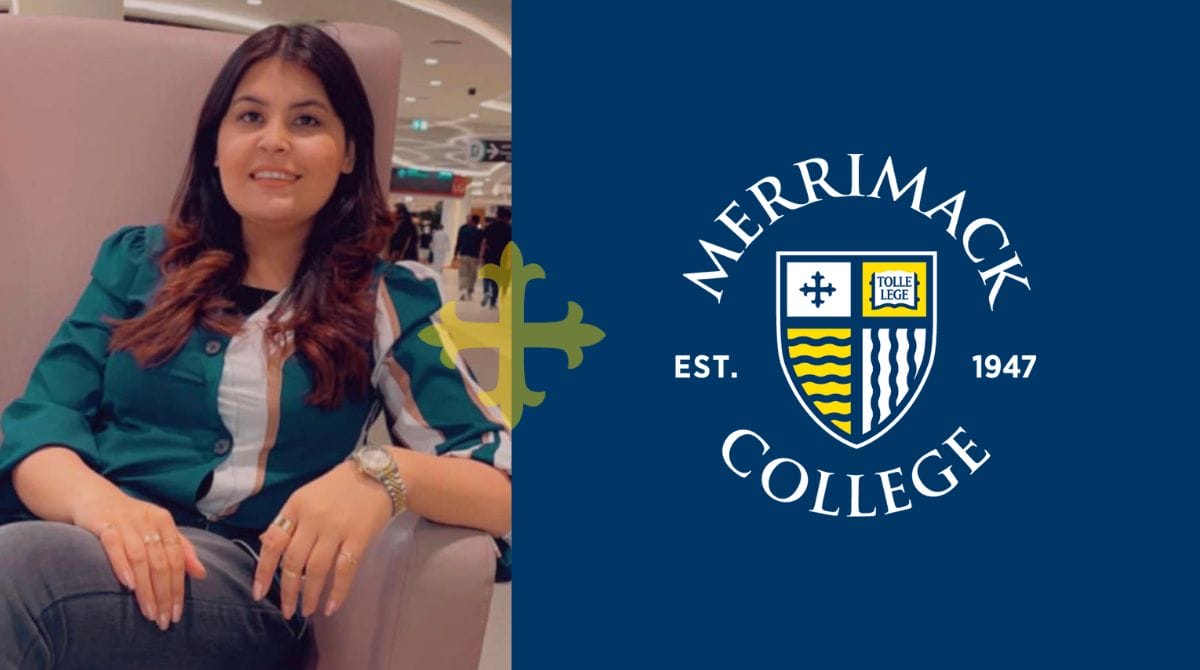 Photo of Faryal Yaquby sitting in a chair. The Merrimack College logo is superimposed on the right of the image.