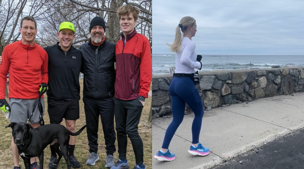 Two photos of Logan Green ’24 posing with three fellow runners and Cate Buecker ’24 running.