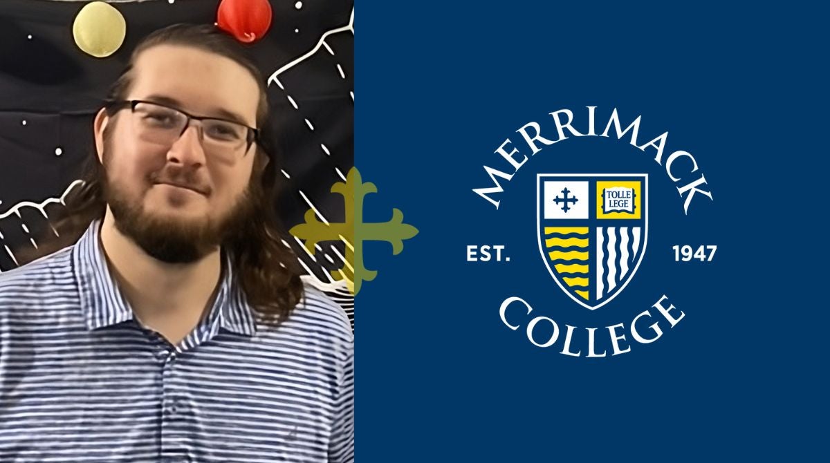 Headshot of John-Paul Haley-Read ’20 M’21 next to the Merrimack College logo.