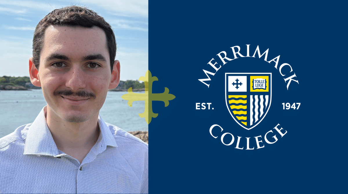 Split young man smiling by waterfront next to Merrimack College logo on blue background graphic.