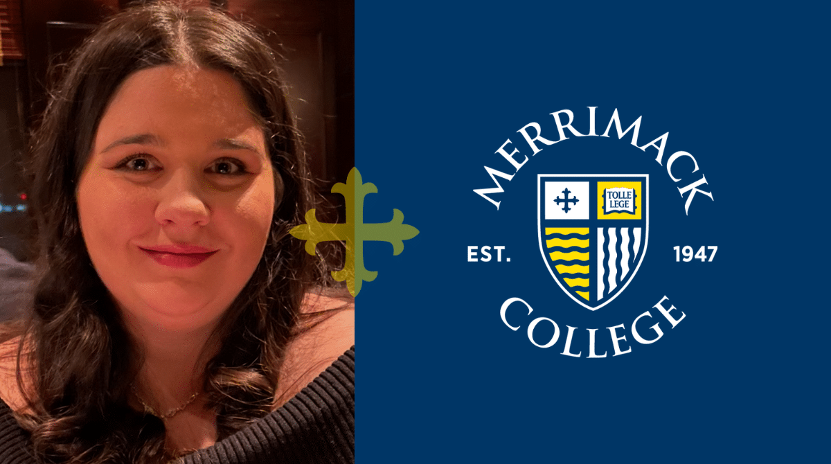 Portrait of a woman in a black top beside Merrimack College logo graphic.