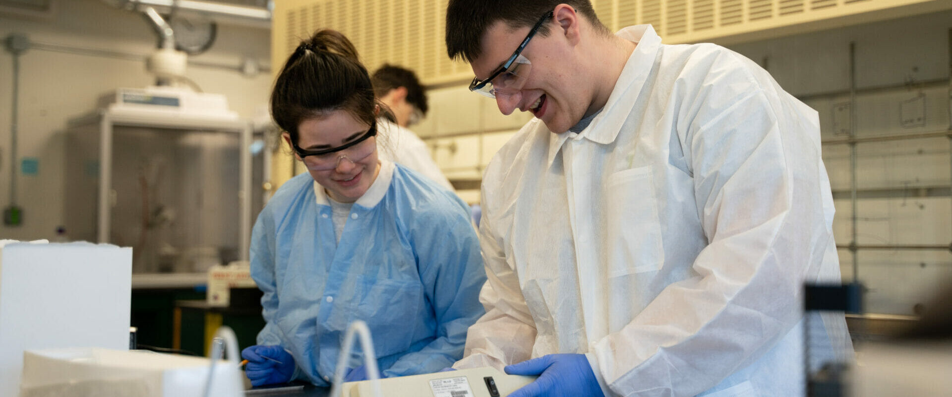 Students working together in Chemistry labs.