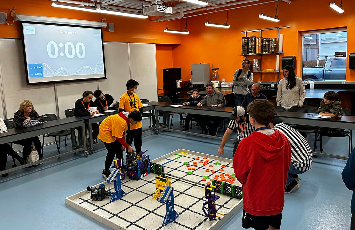 Young students involved in the STEM robotics program