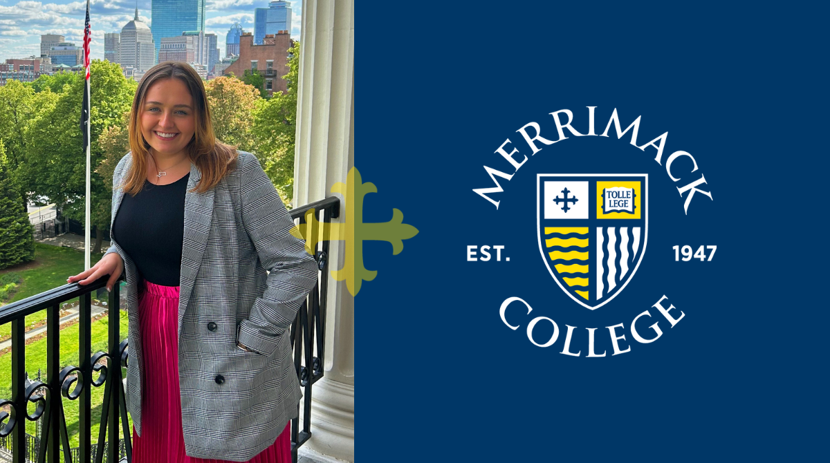 A female Austin Scholar from the class of 2024 stands smiling with the Merrimack College logo next to her.