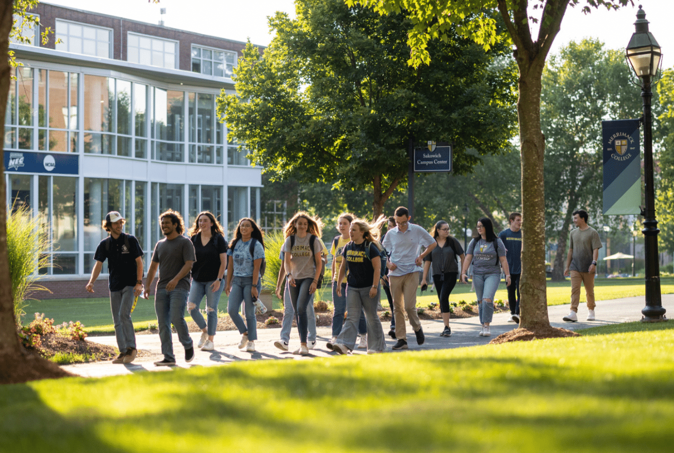 Students on campus walking around during a tour