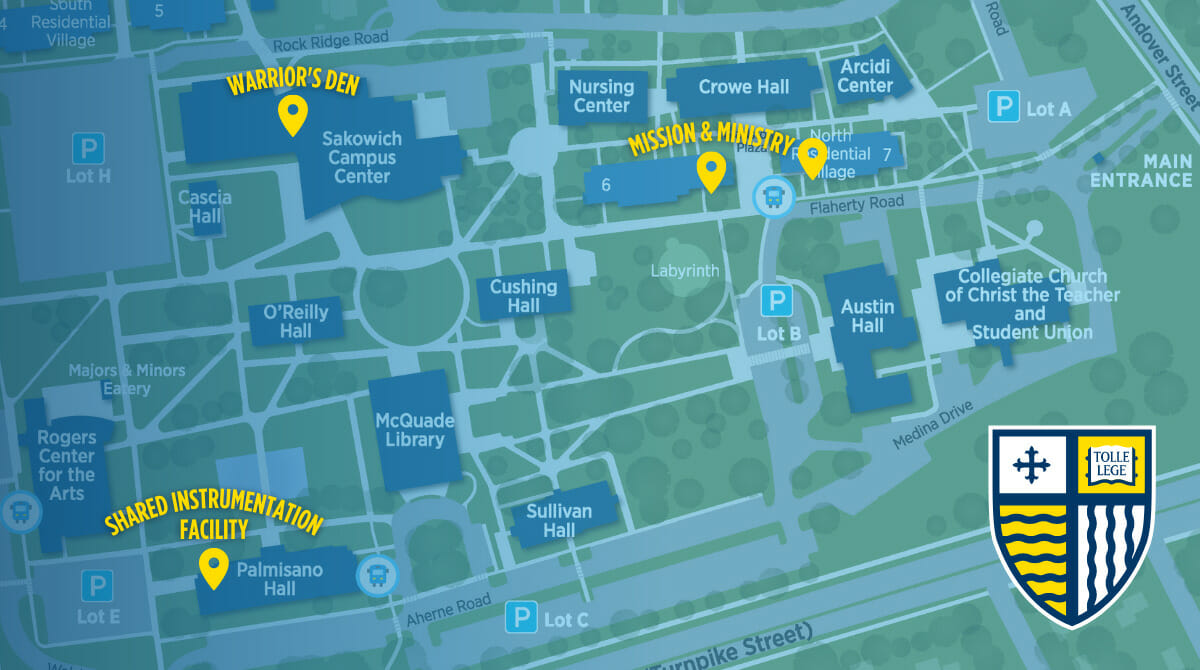 Map of Merrimack College campus highlighting the Warrior's Den, Mission and Ministry, and Shared Instrumentation Facility.