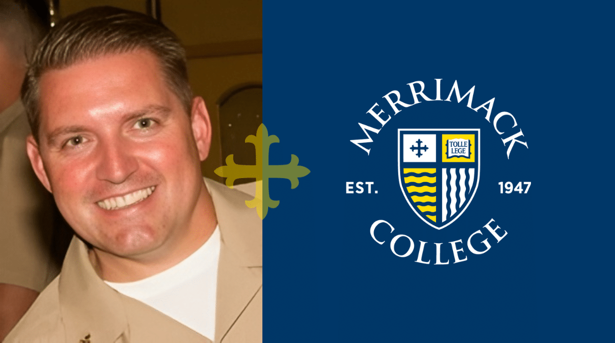 Headshot of Bill Reed superimposed next to the Merrimack College logo.
