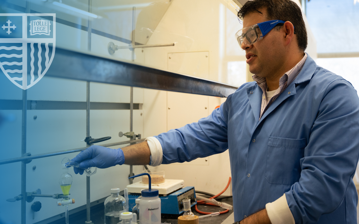 Photo of Jimmy Franco working in Merrimack's chemistry lab.