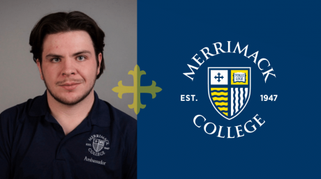 Headshot of Collin Freeman superimposed next to the Merrimack College logo.