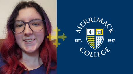 Headshot of Kiersta Marie Fairbrother superimposed next to the Merrimack College logo.