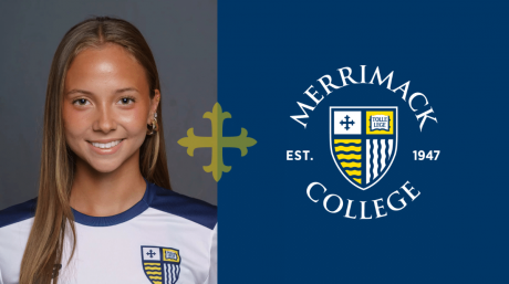 Smiling female Merrimack College athlete in uniform beside the Merrimack College logo on blue background.