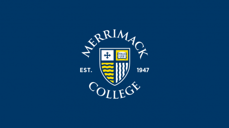 Photo of the Merrimack College logo on a blue background