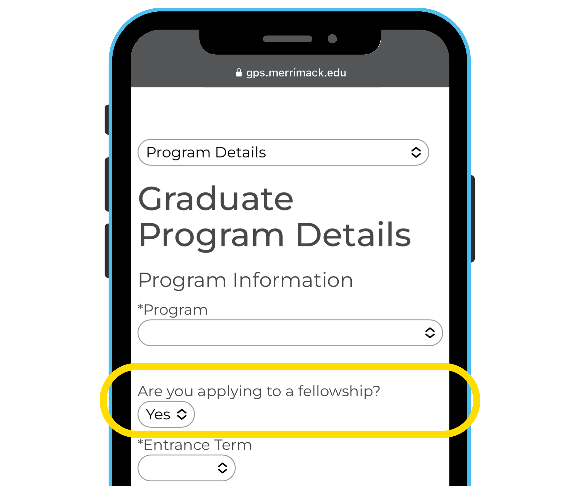 A screenshot from an iPhone displaying the question about fellowship interest on the graduate application.