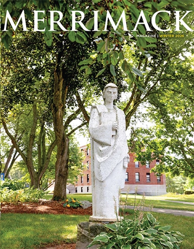 Merrimack Magazine Winter 2026 cover featuring statue